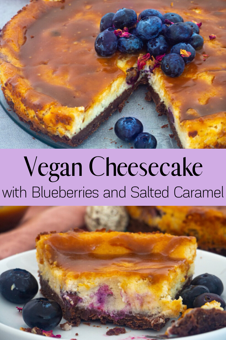 Easy vegan Cheesecake with Salted Caramel and Blueberries